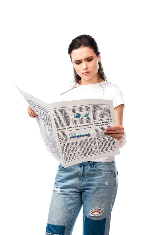 brunette woman in white t-shirt reading newspaper isolated on white