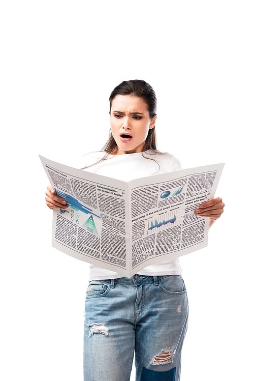 shocked woman in white t-shirt reading newspaper isolated on white