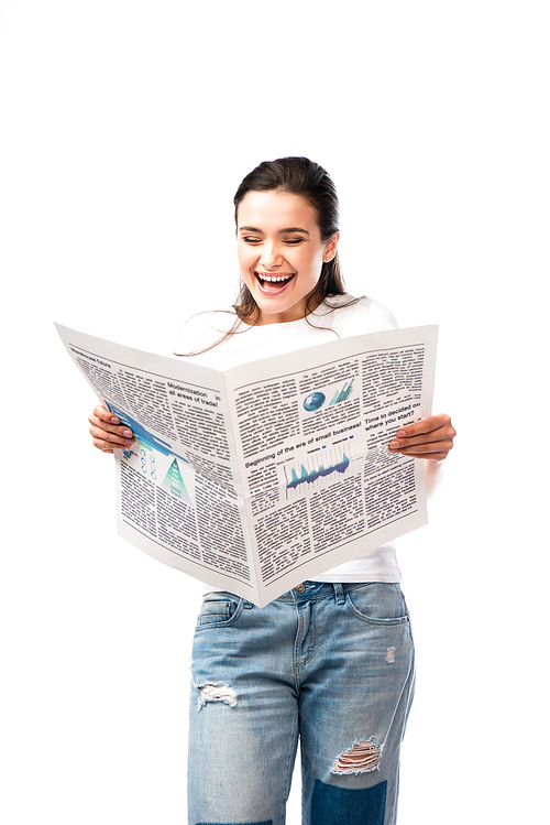 young woman in white t-shirt reading newspaper isolated on white