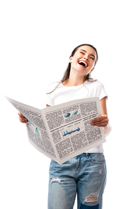 young woman in white t-shirt holding newspaper and laughing isolated on white