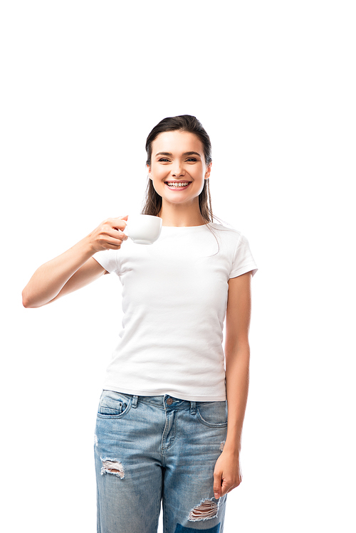 young woman in white t-shirt holding cup with coffee isolated on white