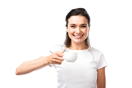 brunette woman in white t-shirt  and holding cup with coffee isolated on white