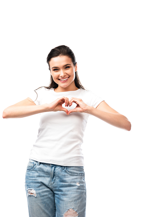 young woman showing heart sign isolated on white