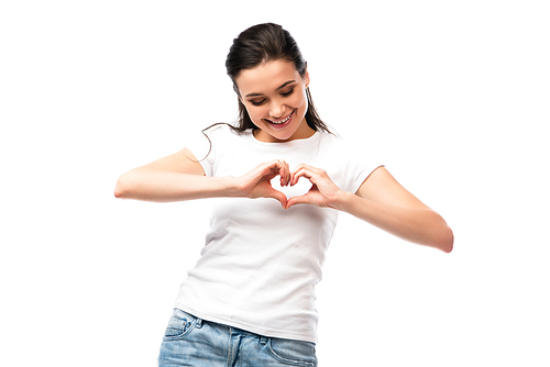 young woman showing heart sign with hands isolated on white