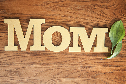 top view of green leaves and mom lettering on wooden surface
