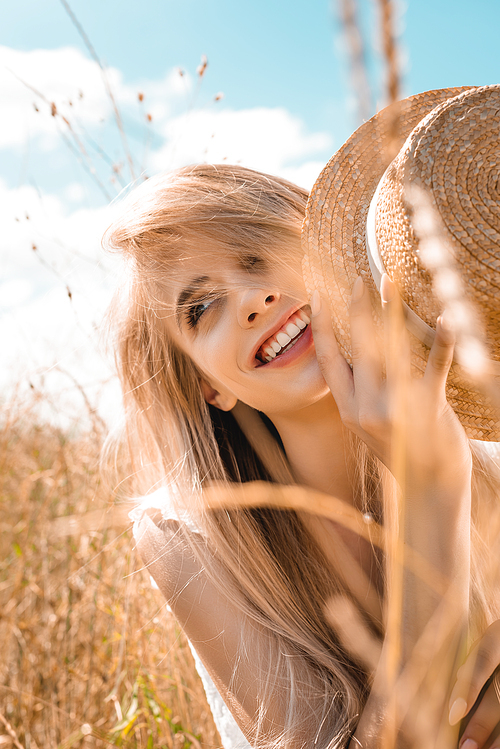 selective focus of sensual blonde woman holding straw hat while looking away in grass