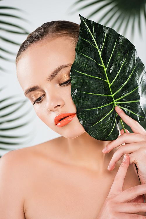 beautiful girl with makeup holding green and wet leaf on white