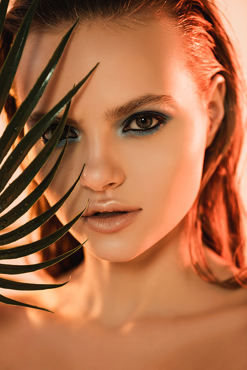 close up of beautiful woman with makeup  near palm leaf