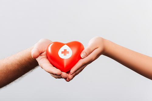 cropped view of man and women holding red heart isolated on white, blood donation concept