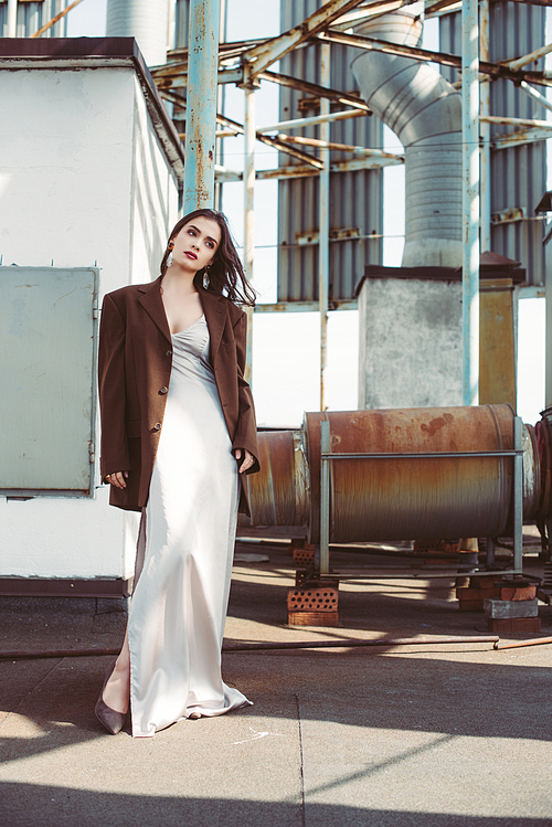 beautiful elegant model posing in silk dress and brown jacket on roof