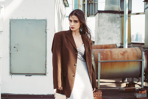 elegant trendy girl posing in silk dress and brown jacket on roof