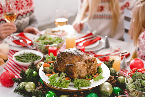 selective focus of tasty turkey on plate in Christmas day