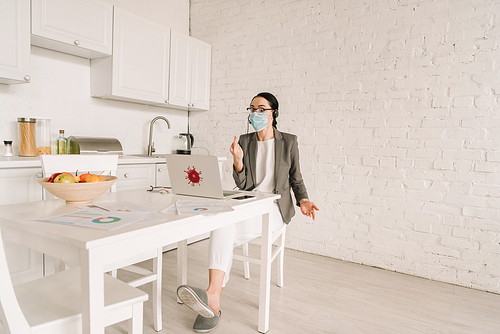 angry businesswoman in medical mask and blazer over pajamas showing middle finger while working in kitchen near laptop