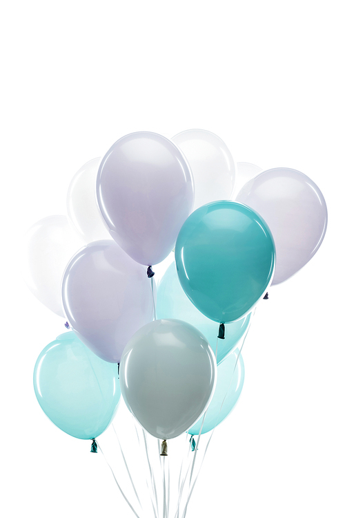 festive blue, purple and white balloons isolated on white
