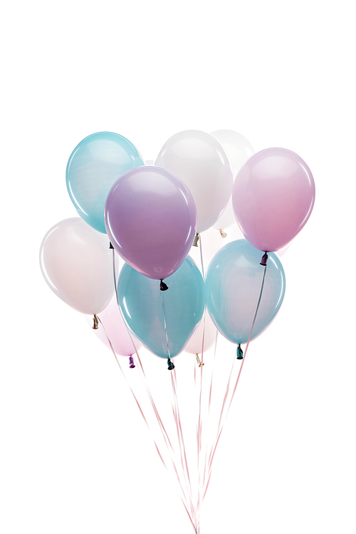 decorative blue, purple and white balloons isolated on white