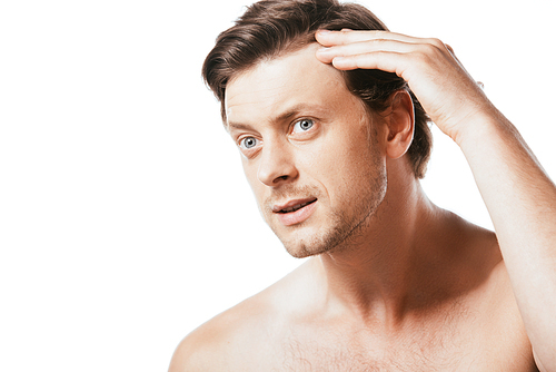 Shirtless man touching hair isolated on white