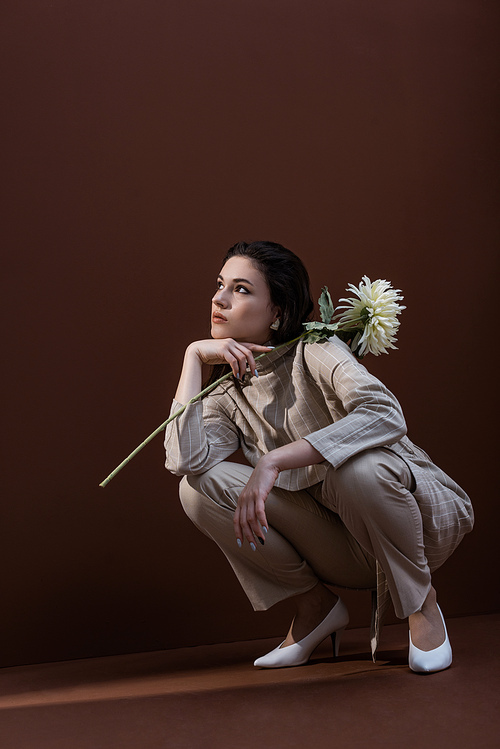 beautiful model holding chrysanthemum in hands, sitting on brown background