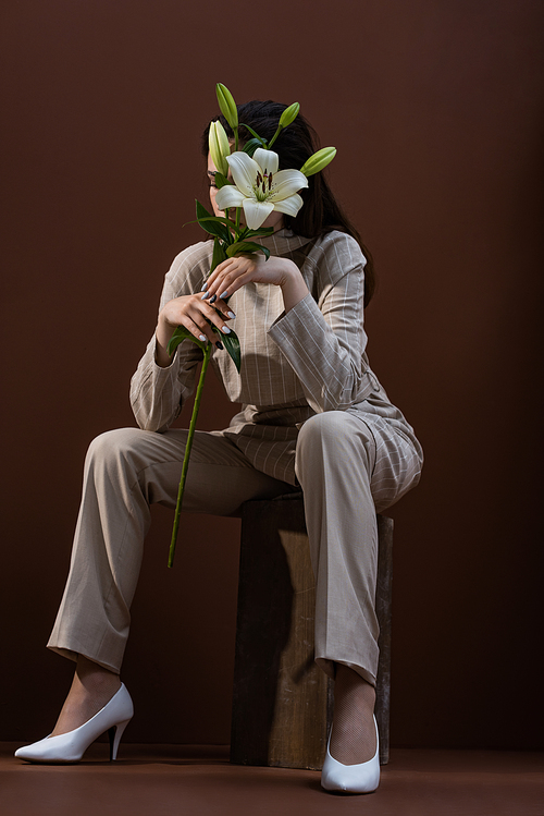 low angle view of adult model holding flower near face, sitting on brown background