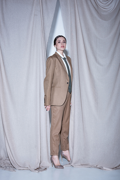 adult model in suit standing on light grey curtain background, 