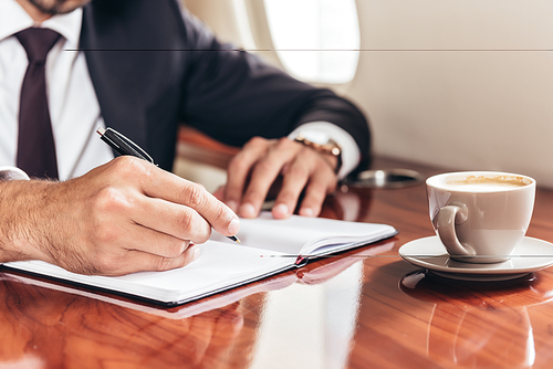 cropped view of businessman writing in notebook in private plane