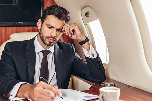 handsome businessman in suit writing in notebook in private plane