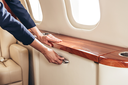 cropped view of flight attendant holding handle in private plane