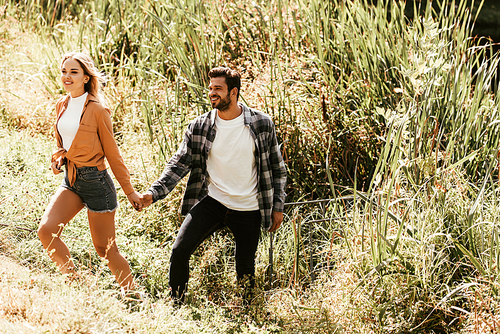 cheerful young couple holding hands while walking in thicket of sedge