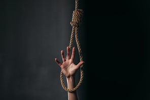 partial with of female hand in hanging rope noose on black background