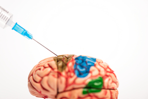 Selective focus of syringe near brain model isolated on white, alzheimer disease concept