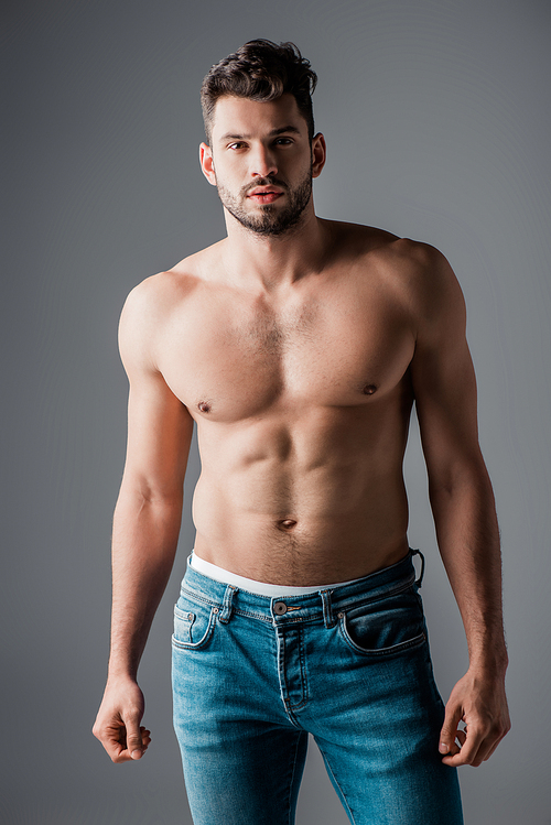 handsome sexy muscular man in jeans isolated on grey