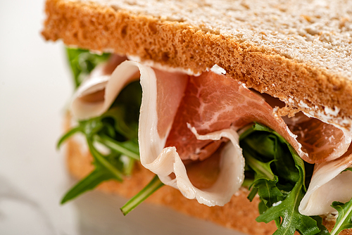 close up view of fresh sandwich with arugula and prosciutto