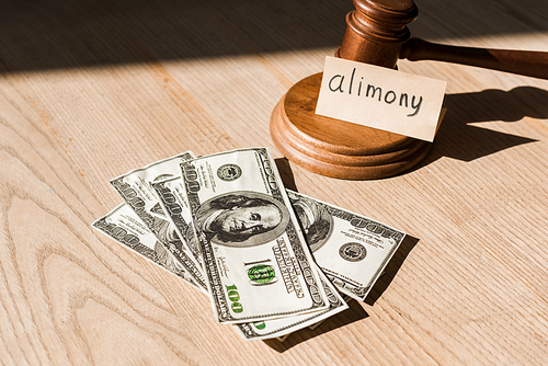 gavel near dollar banknotes and paper with alimony lettering on desk