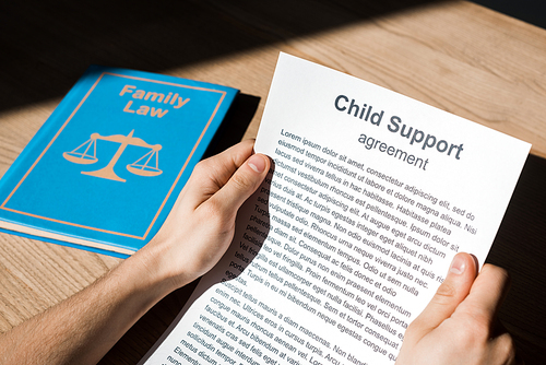 cropped view of man holding document with child support agreement near family law book on desk