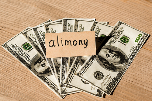 paper with alimony lettering on dollar banknotes