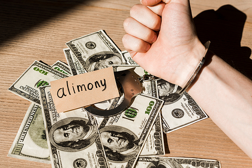 cropped view of handcuffed man near dollar banknotes and paper with alimony lettering