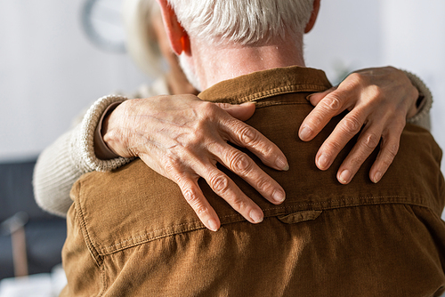 back view of senior man embraced by wife