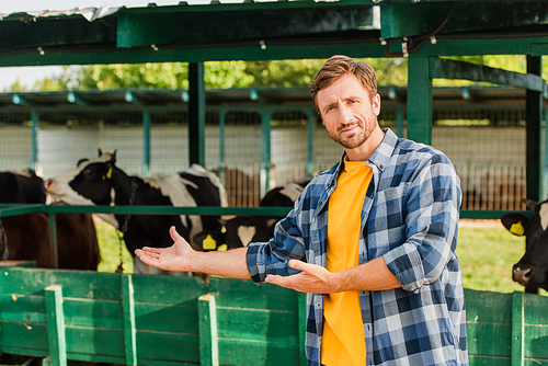 farmer in plaid shirt  and pointing at cowshed with hands