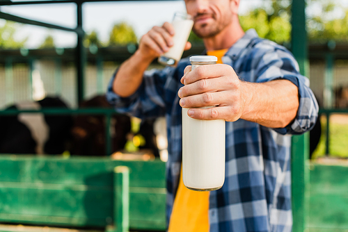 selective focus of farmer in checkered shirt holding bottle and glass of fresh milk