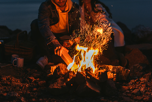 cropped view of man putting log in bonfire near girl