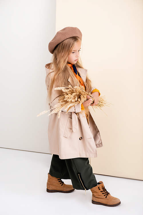 side view of fashionable blonde girl in autumn outfit walking with wheat spikes on beige and white background
