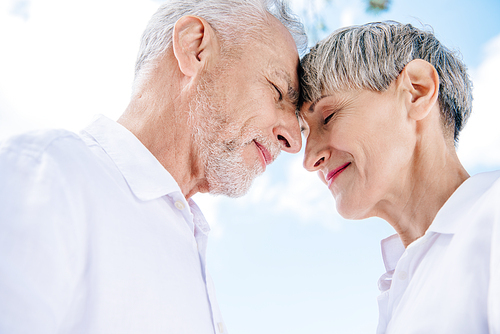 smiling senior couple touching foreheads with closed eyes under blue sky