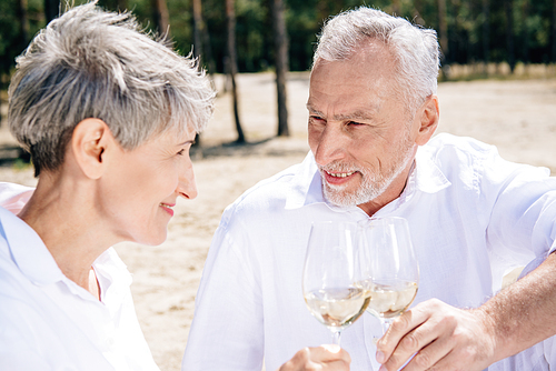 senior couple clinking wine glasses with wine and looking at each other with smile