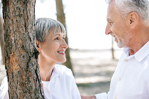 smiling senior couple standing near tree and looking at each other in forest