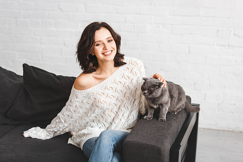 beautiful cheerful woman sitting on sofa with scottish fold cat