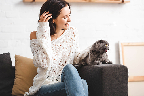 beautiful smiling woman sitting on sofa with scottish fold cat