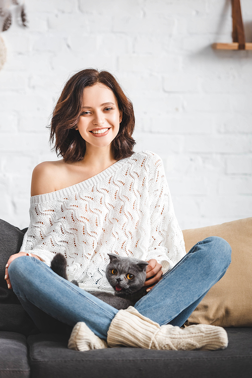 smiling beautiful woman sitting on sofa with scottish fold cat