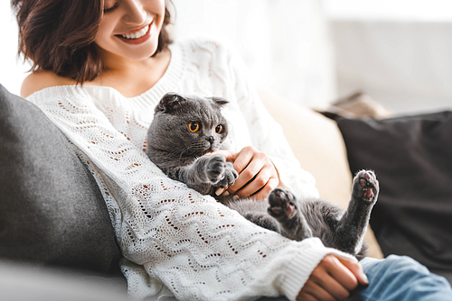 happy young woman sitting on sofa with scottish fold cat