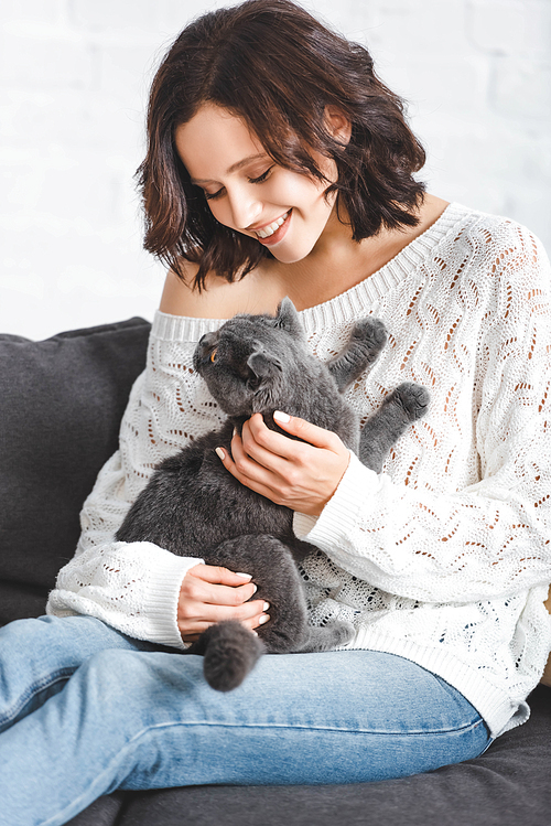 beautiful smiling woman sitting on sofa with grey cat
