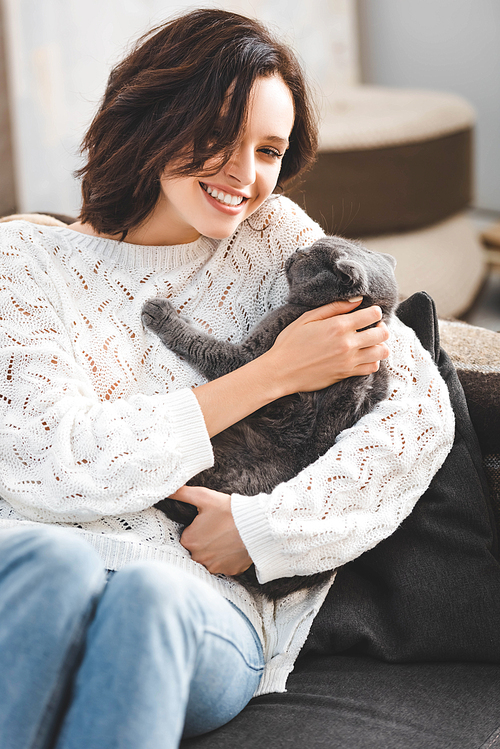 happy beautiful girl sitting on sofa with scottish fold cat