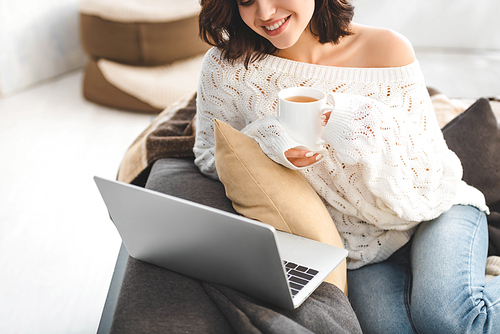 attractive girl with cup of tea using laptop at cozy home